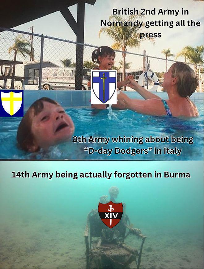 British 2nd Army in Normandy getting all the press 8th Army whining about being "D-day Dodgers" in Italy 14th Army being actually forgotten in Burma क XIV