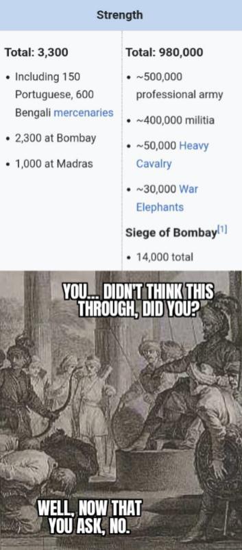 Total: 3,300 • Including 150 Portuguese, 600 Strength Bengali mercenaries Total: 980,000 ~500,000 professional army ~400,000 militia ~50,000 Heavy ⚫ 1,000 at Madras Cavalry 2,300 at Bombay ~30,000 War Elephants Siege of Bombay[1] 14,000 total YOU DIDN'T THINK THIS THROUGH, DID YOU? WELL, NOW THAT YOU ASK, NO.