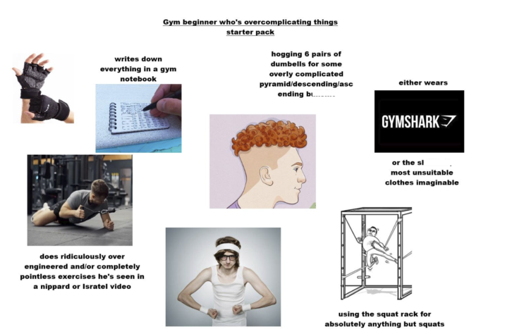 Gym beginner who's overcomplicating things writes down everything in a gym notebook does ridiculously over engineered and/or completely pointless exercises he's seen in a nippard or Isratel video starter pack hogging 6 pairs of dumbells for some overly complicated pyramid/descending/asc ending bu....... either wears GYMSHARK ▼ or the sl most unsuitable clothes imaginable using the squat rack for absolutely anything but squats