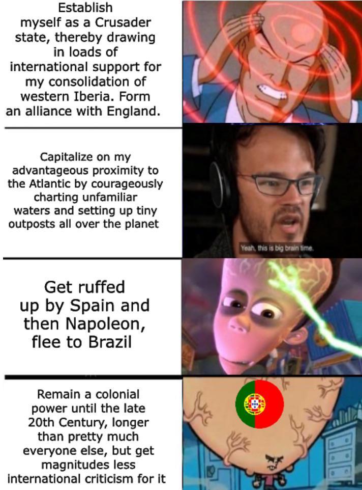 Establish myself as a Crusader state, thereby drawing in loads of international support for my consolidation of western Iberia. Form an alliance with England. Capitalize on my advantageous proximity to the Atlantic by courageously charting unfamiliar waters and setting up tiny outposts all over the planet Get ruffed up by Spain and then Napoleon, flee to Brazil Remain a colonial power until the late 20th Century, longer than pretty much everyone else, but get magnitudes less international criticism for it Yeah, this is big brain time.