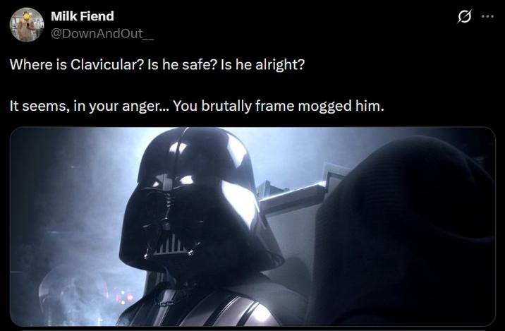 A Star Wars meme. The meme references Clavicular getting frame mogged.