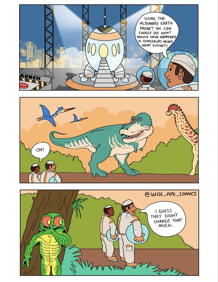 AUNCH OH! 100000 USING THE ALTERNATE EARTH PROBE WE CAN FINALLY SEE WHAT WOULD HAVE HAPPENED IF DINOSAURS NEVER WENT EXTINCT! @WISE_APE_COMICS 1GUESS THEY DIDN'T CHANGE THAT MUCH.. 좋아