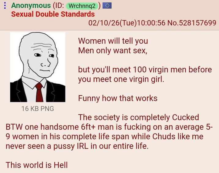Anonymous (ID: Wrchnnq2 ) © Sexual Double Standards 02/10/26(Tue)10:00:56 No. 528157699 16 KB PNG Women will tell you Men only want sex, but you'll meet 100 virgin men before you meet one virgin girl. Funny how that works The society is completely Cucked BTW one handsome 6ft+ man is f------ on an average 5- 9 women in his complete life span while Chuds like me never seen a p---- IRL in our entire life. This world is Hell