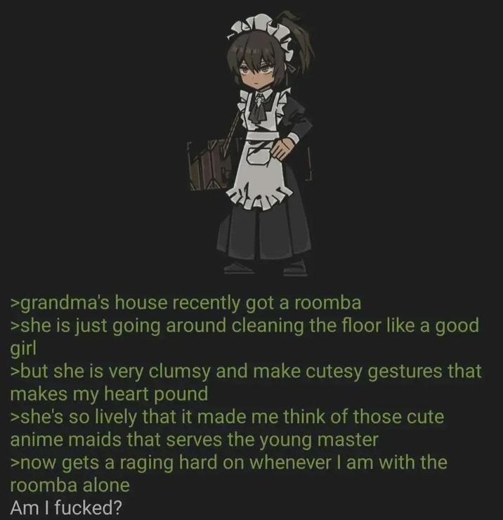 >grandma's house recently got a roomba >she is just going around cleaning the floor like a good girl >but she is very clumsy and make cutesy gestures that makes my heart pound >she's so lively that it made me think of those cute anime maids that serves the young master >now gets a raging hard on whenever I am with the roomba alone Am I f-----?