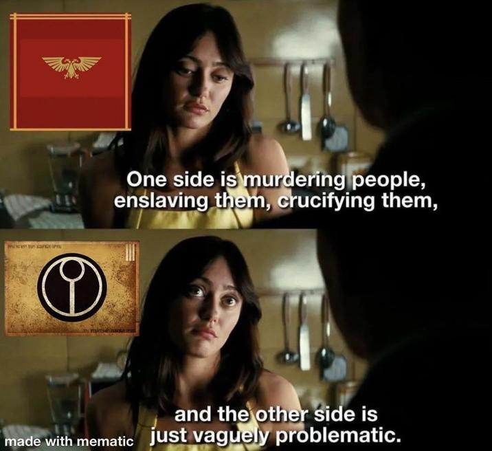 WANT T One side is murdering people, enslaving them, crucifying them, and the other side is made with mematic just vaguely problematic.