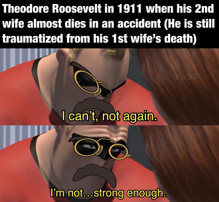 Theodore Roosevelt in 1911 when his 2nd wife almost dies in an accident (He is still traumatized from his 1st wife's death) I can't, not again. I'm not...strong enough. u/-et37-