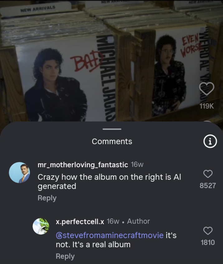 NEW ARRIVALS BA NEW AR NEW ARRIVALS MICHAEL JACKS EVEN WORSE Comments mr_motherloving_fantastic 16w Crazy how the album on the right is Al generated Reply x.perfectcell.x 16w. Author @stevefromaminecraftmovie it's not. It's a real album Reply WEIRD AL" Y 119K i 8527 1810