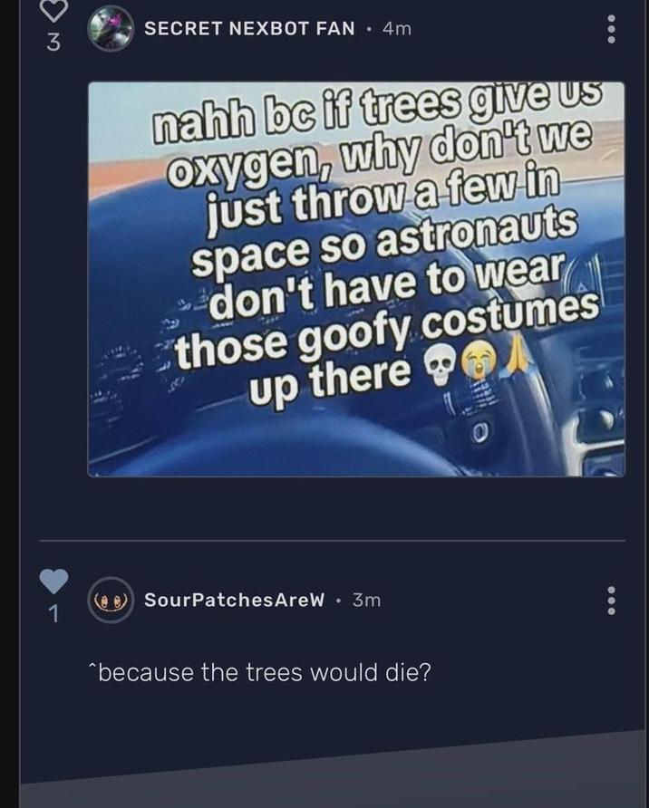 3 SECRET NEXBOT FAN • 4m nahh bc if trees give us oxygen, why don't we just throw a few in space so astronauts don't have to wear those goofy costumes up there 1 (SourPatches AreW. 3m *because the trees would die?