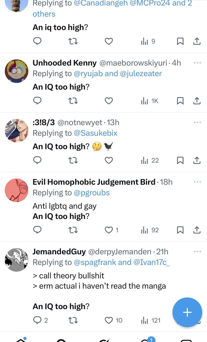 Screenshot of the phrase "An IQ Too High?" being used ironically on X