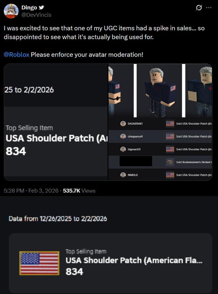 A tweet by a Roblox player. They are upset that their item is being used to recreate Epstein's infamous quarter zip.