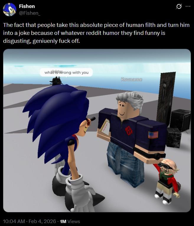 A tweet sharing an image of a player cosplaying as Epstein in-game. In the cosplay he has a child by the hand.