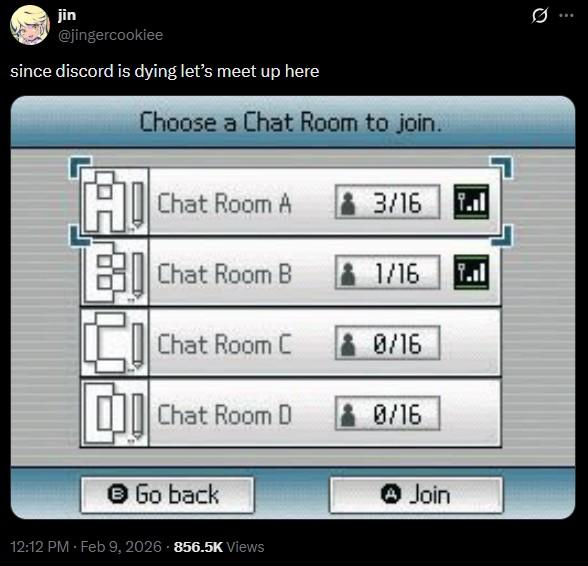 jin @jingercookiee since discord is dying let's meet up here Choose a Chat Room to join. Achat BChat Room B Chat Room A 3/16 1/16 Chat Room C 0/16 Chat Room D 0/16 Go back 12:12 PM - Feb 9, 2026 856.5K Views A Join 10