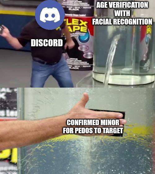 A meme pointing out a problem with Discord's age verification regarding teen safety. It suggests that people who are unverified as adults will be known by others, including adults, to be minors, making them targets.