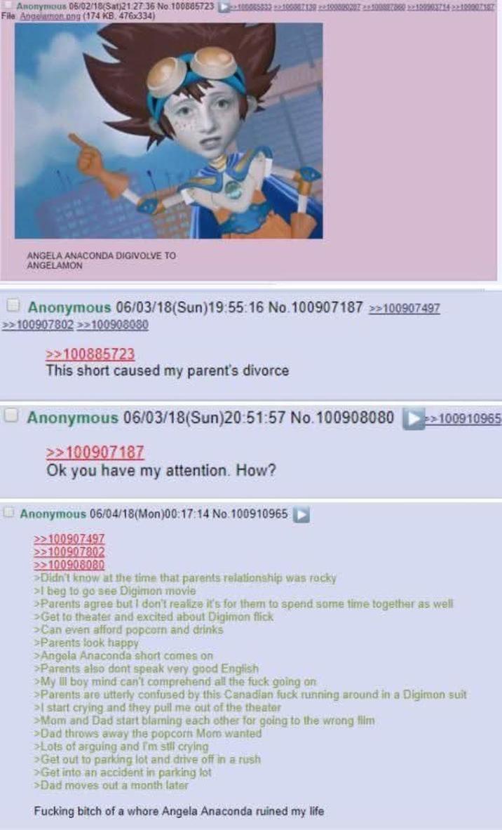 Anonymous 06/02/18(Sat)21:27 36 No.1008857230000583100887139100520207100887880100903714109807187 File Angelamon.png (174 KB. 476x334) ANGELA ANACONDA DIGIVOLVE TO ANGELAMON Anonymous 06/03/18(Sun)19:55:16 No. 100907187 >>100907497 >>100907802 >>100908080 >>100885723 This short caused my parent's divorce Anonymous 06/03/18(Sun)20:51:57 No. 100908080 >>100907187 Ok you have my attention. How? Anonymous 06/04/18(Mon)00:17:14 No. 100910965 >>100907497 >>100907802 >>100908080 >Didn't know at the time that parents relationship was rocky >I beg to go see Digimon movie >>100910965 >Parents agree but I don't realize it's for them to spend some time together as well >Get to theater and excited about Digimon flick >Can even afford popcorn and drinks >Parents look happy >Angela Anaconda short comes on >Parents also dont speak very good English >My Ill boy mind can't comprehend all the f--- going on >Parents are utterly confused by this Canadian f--- running around in a Digimon suit >I start crying and they pull me out of the theater >Mom and Dad start blaming each other for going to the wrong film >Dad throws away the popcorn Mom wanted >Lots of arguing and I'm still crying >Get out to parking lot and drive off in a rush >Get into an accident in parking lot >Dad moves out a month later F------ bitch of a w---- Angela Anaconda ruined my life