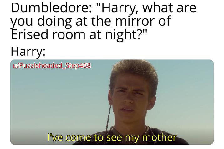 Dumbledore: "Harry, what are you doing at the mirror of Erised room at night?" Harry: w/Puzzleheaded_Step468 I've come to see my mother