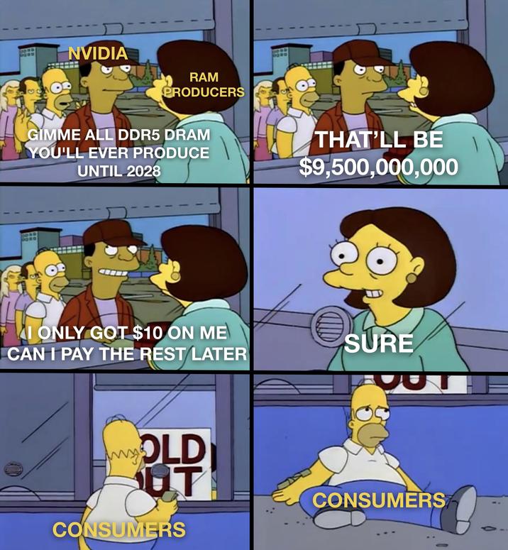 NVIDIA RAM PRODUCERS GIMME ALL DDR5 DRAM YOU'LL EVER PRODUCE UNTIL 2028 I ONLY GOT $10 ON ME CAN I PAY THE REST LATER THAT'LL BE $9,500,000,000 SURE OLD UT CONSUMERS CONSUMERS