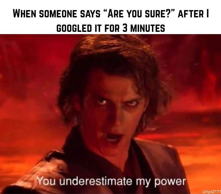 WHEN SOMEONE SAYS "ARE YOU SURE?" AFTER I GOOGLED IT FOR 3 MINUTES You underestimate my power u/nyx2171
