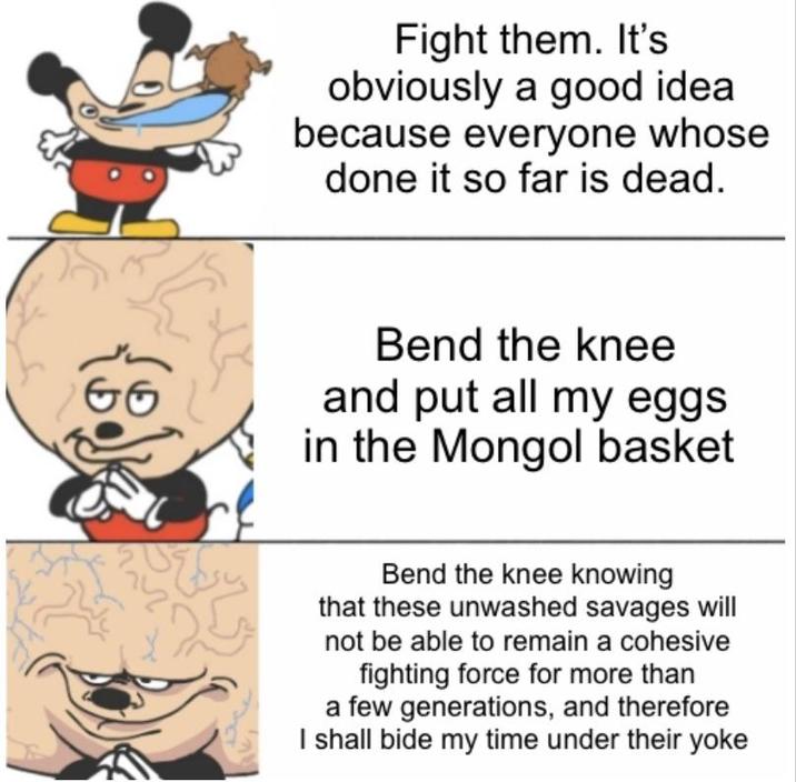 Fight them. It's obviously a good idea. because everyone whose done it so far is dead. Bend the knee and put all my eggs in the Mongol basket Bend the knee knowing that these unwashed savages will not be able to remain a cohesive fighting force for more than a few generations, and therefore I shall bide my time under their yoke