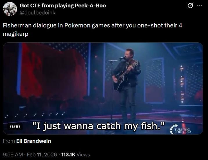 A tweet reading, "Fisherman dialogue in Pokemon games after you one-shot their 4 magikarp."