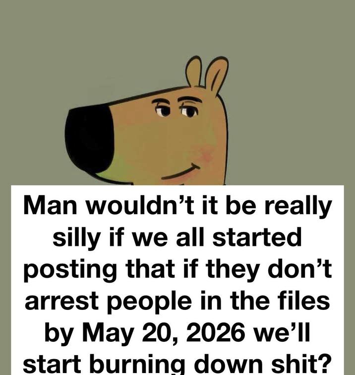 Re Man wouldn't it be really silly if we all started posting that if they don't arrest people in the files by May 20, 2026 we'll start burning down s---?