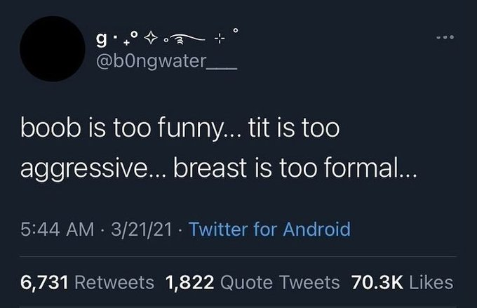 g @bOngwater_ boob is too funny... t-- is too aggressive... breast is too formal... 5:44 AM 3/21/21 Twitter for Android 6,731 Retweets 1,822 Quote Tweets 70.3K Likes