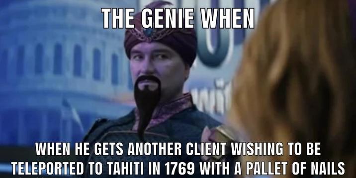 THE GENIE WHEN wif WHEN HE GETS ANOTHER CLIENT WISHING TO BE TELEPORTED TO TAHITI IN 1769 WITH A PALLET OF NAILS