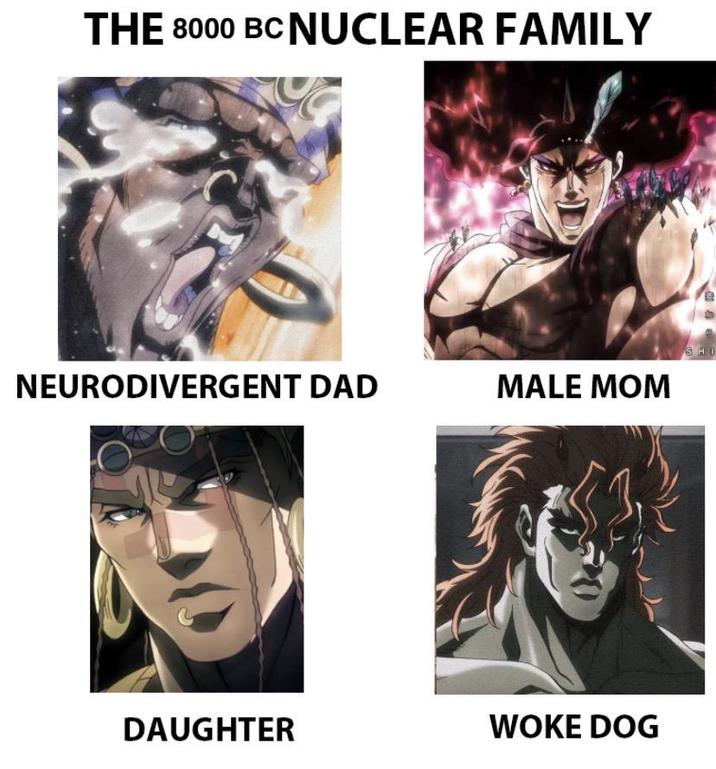 THE 8000 BC NUCLEAR FAMILY NEURODIVERGENT DAD MALE MOM DAUGHTER WOKE DOG SHO