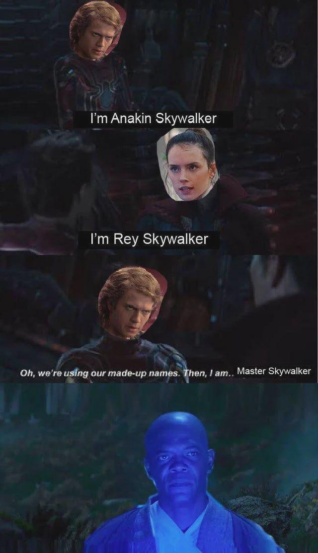 I'm Anakin Skywalker I'm Rey Skywalker Oh, we're using our made-up names. Then, I am.. Master Skywalker