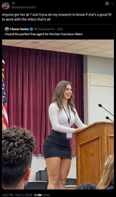 @biasedninersfan Anyone got her @? Just tryna do my research to know if she's a good fit to work with the 49ers that's all Chase Senior @Chase_Senior + 20h I found the perfect free agent for the San Francisco 49ers 4:25 PM - Feb 11, 2026 5.4M Views