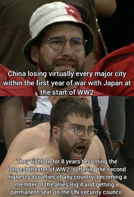 China losing virtually every major city within the first year of war with Japan at the start of WW2 They fight on for 8 years becoming the longest theater of WW2, suffering the second highest casualties of any country, becoming a member of the allies Big 4 and getting a permanent seat on the UN security council.