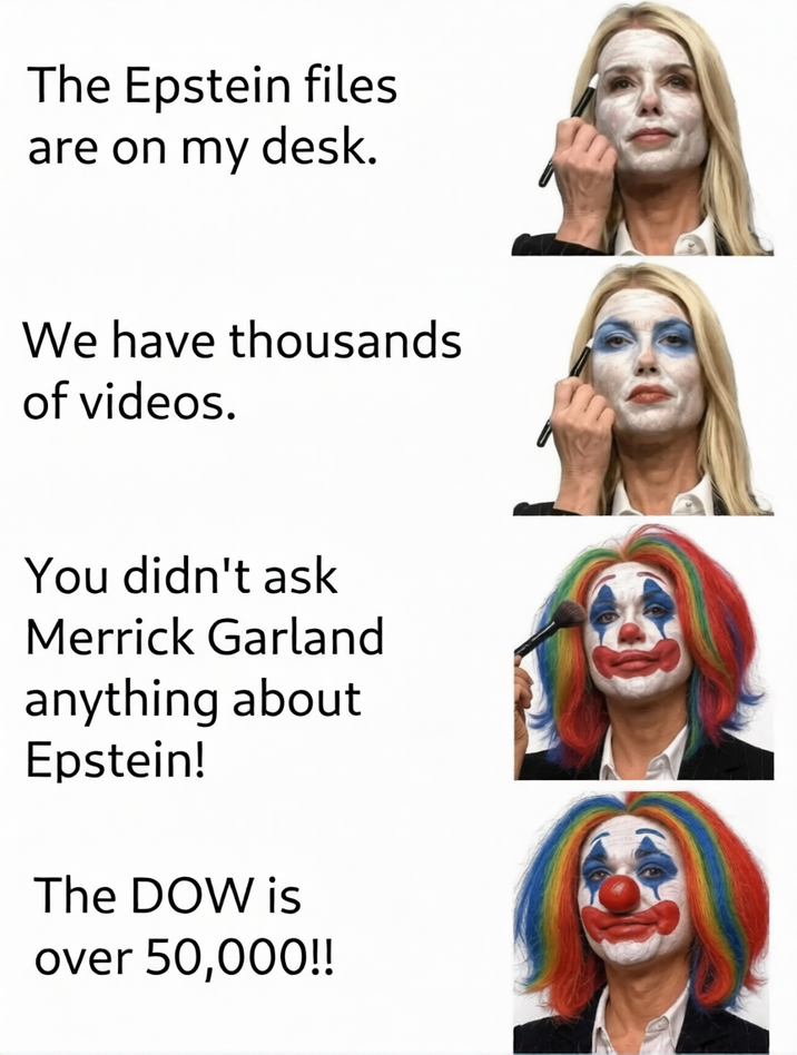 The Epstein files are on my desk. We have thousands of videos. You didn't ask Merrick Garland anything about Epstein! The DOW is over 50,000!!