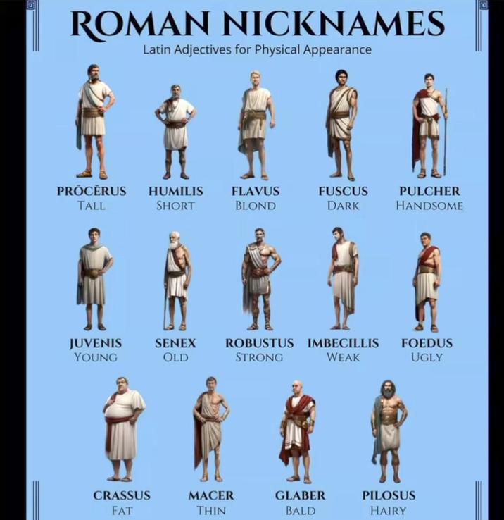 ROMAN NICKNAMES Latin Adjectives for Physical Appearance Π PROCĒRUS HUMILIS FLAVUS TALL SHORT BLOND FUSCUS DARK PULCHER HANDSOME JUVENIS YOUNG SENEX OLD ROBUSTUS IMBECILLIS FOEDUS STRONG WEAK UGLY CRASSUS FAT MACER THIN GLABER BALD PILOSUS HAIRY