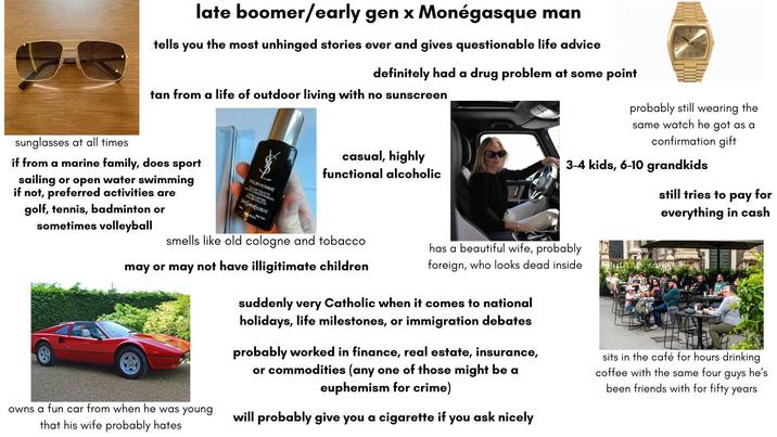 late boomer/early gen x Monégasque man tells you the most unhinged stories ever and gives questionable life advice sunglasses at all times definitely had a drug problem at some point tan from a life of outdoor living with no sunscreen if from a marine family, does sport sailing or open water swimming if not, preferred activities are golf, tennis, badminton or sometimes volleyball POUR HOMME UDE TO OLETTE YESSAINT LAURENT casual, highly functional alcoholic smells like old cologne and tobacco may or may not have illigitimate children owns a fun car from when he was young that his wife probably hates probably still wearing the same watch he got as a confirmation gift 3-4 kids, 6-10 grandkids still tries to pay for everything in cash has a beautiful wife, probably foreign, who looks dead inside suddenly very Catholic when it comes to national holidays, life milestones, or immigration debates probably worked in finance, real estate, insurance, or commodities (any one of those might be a euphemism for crime) will probably give you a c-------- if you ask nicely sits in the café for hours drinking coffee with the same four guys he's been friends with for fifty years
