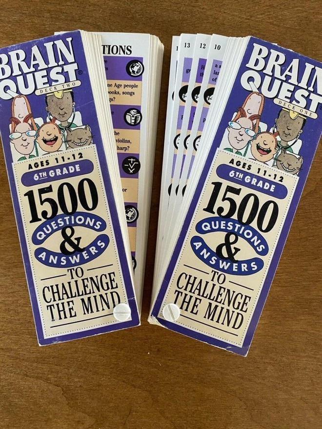 TIONS 13 12 10 of BRAIN QUEST DECK ONE BRAIN QUEST DECK TWO ne Age people ooks, songs AGES 11-12 6TH GRADE 1500 he QUESTIONS ANSWERS -TO violins, harp? or CHALLENGE THE MIND AGES 11-12 6TH GRADE 15.00 QUESTIONS ANSWERS TO CHALLENGE THE MIND