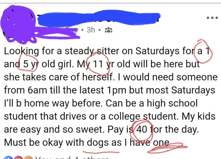 3h Looking for a steady sitter on Saturdays for a 1 and 5 yr old girl. My 11 yr old will be here but she takes care of herself. I would need someone from 6am till the latest 1pm but most Saturdays I'll b home way before. Can be a high school student that drives or a college student. My kids are easy and so sweet. Pay is 40 for the day. Must be okay with dogs as I have one