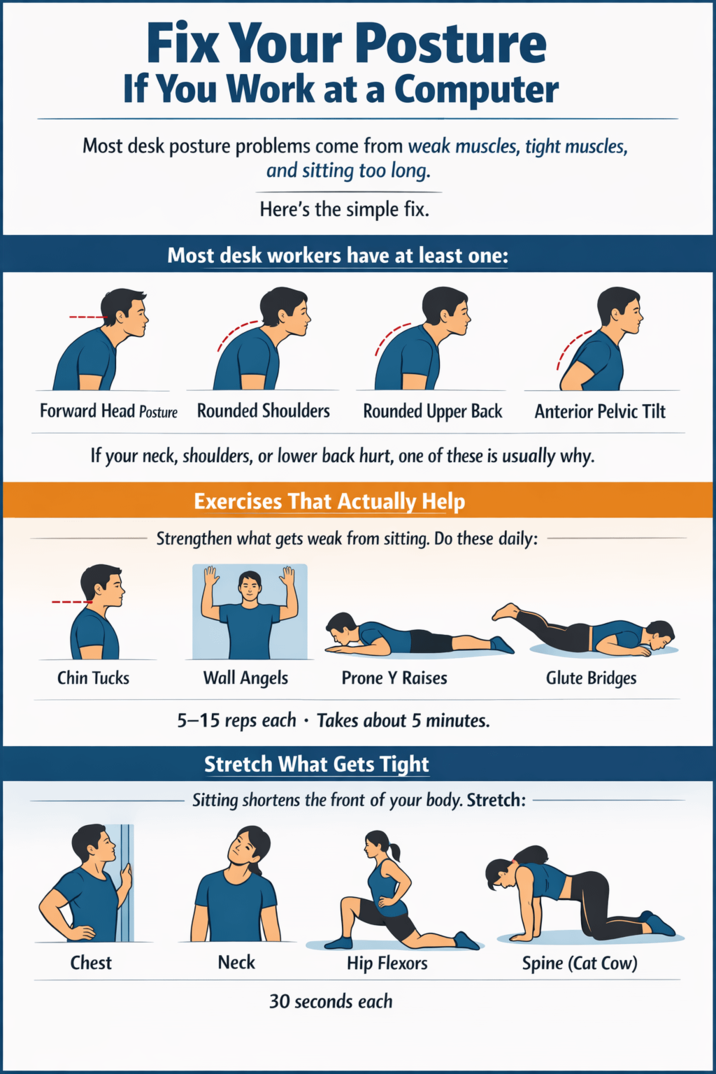 Fix Your Posture If You Work at a Computer Most desk posture problems come from weak muscles, tight muscles, and sitting too long. Here's the simple fix. Most desk workers have at least one: Forward Head Posture Rounded Shoulders Rounded Upper Back Anterior Pelvic Tilt If your neck, shoulders, or lower back hurt, one of these is usually why. Exercises That Actually Help Strengthen what gets weak from sitting. Do these daily: Chin Tucks Wall Angels Prone Y Raises 5-15 reps each • Takes about 5 minutes. Stretch What Gets Tight Sitting shortens the front of your body. Stretch: Glute Bridges Chest Neck Hip Flexors Spine (Cat Cow) 30 seconds each