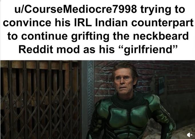 u/Course Mediocre7998 trying to convince his IRL Indian counterpart to continue grifting the neckbeard Reddit mod as his "girlfriend"