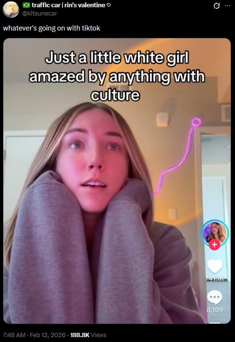 traffic car | rin's valentine @kitsunecar whatever's going on with tiktok Just a little white girl amazed by anything with culture 7:48 AM Feb 12, 2026 188.8K Views 0 741.1K 8,109