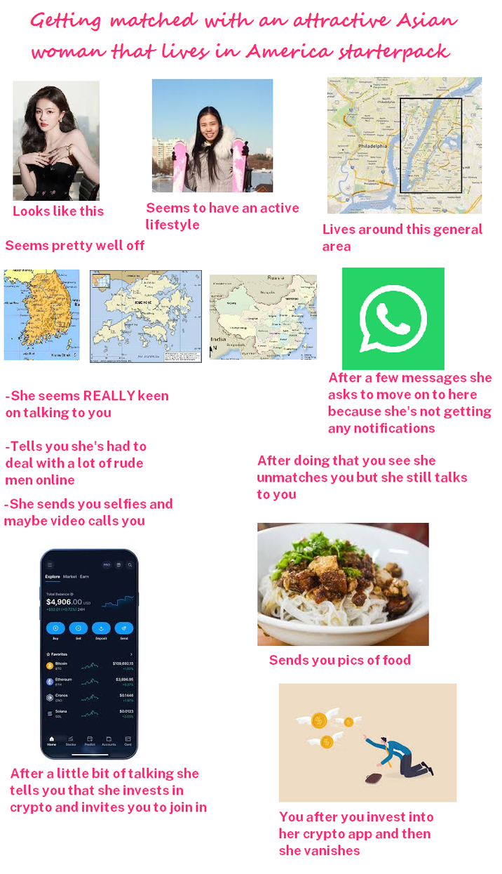 Getting matched with an attractive Asian woman that lives in America starterpack Looks like this Seems pretty well off Seems to have an active lifestyle ICMC HON India Russia Philadelphia Lives around this general area -She seems REALLY keen on talking to you -Tells you she's had to deal with a lot of rude men online -She sends you selfies and maybe video calls you After a few messages she asks to move on to here because she's not getting any notifications After doing that you see she unmatches you but she still talks to you Explore Market Earn Total Dance $4,906.00 USD +862.011+0.72%) 24H Ө Ө Deposit Send Favorites Ethereum ETH Crones C90 Solina SOL 良 Stacks Predict Accounts $109,092.15 +102% $3,696.95 +37 $0.1446 $0.0123 +3.05% Sends you pics of food After a little bit of talking she tells you that she invests in crypto and invites you to join in You after you invest into her crypto app and then she vanishes