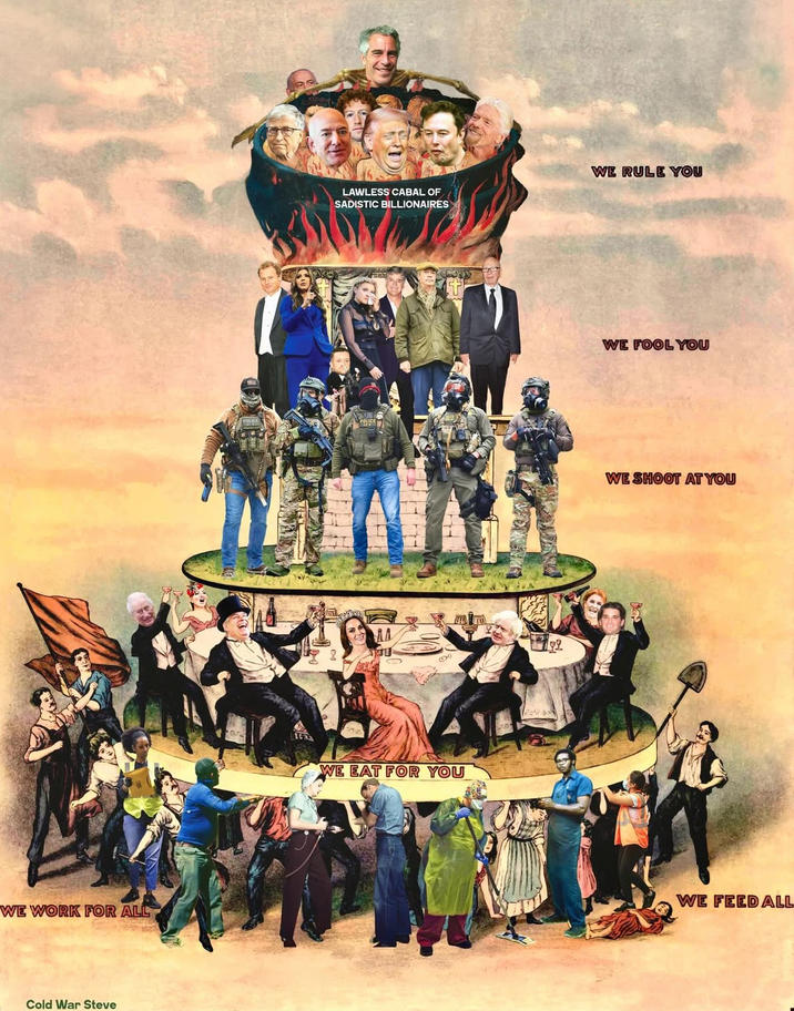 WE WORK FOR ALL Cold War Steve LAWLESS CABAL OF SADISTIC BILLIONAIRES WE RULE YOU POLICE WE EAT FOR YOU WE FOOL YOU WE SHOOT AT YOU WE FEED ALL