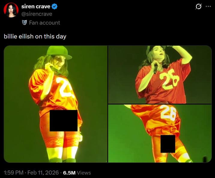 siren crave @sirencrave Fan account billie eilish on this day 1:59 PM Feb 11, 2026 6.5M Views 0 25 28