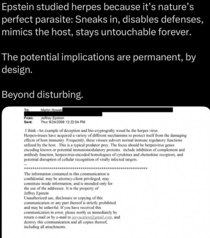 Epstein studied herpes because it's nature's perfect parasite: Sneaks in, disables defenses, mimics the host, stays untouchable forever. The potential implications are permanent, by design. Beyond disturbing. To Martin Nowak From: Sent: Jeffrey Epstein Thur 9/24/2009 12:22:04 PM I think -An example of deception and bio-cryptograhy woud be the herpes virus. Herpesviruses have acquired a variety of different mechanisms to protect itself from the damaging effects of host immunity. Frequently, these viruses subvert normal immune regulatory functions utilized by the host. This is a typical predator prey. The focus should be herpesvirus genes encoding known or potential immunomodulatory proteins. include inhibition of complement and antibody function, herpesvirus-encoded homologues of cytokines and chemokine receptors, and potential disruption of cellular recognition of virally infected targets. The information contained in this communication is confidential, may be attorney-client privileged, may constitute inside information, and is intended only for the use of the addressee. It is the property of Jeffrey Epstein Unauthorized use, disclosure or copying of this communication or any part thereof is strictly prohibited and may be unlawful. If you have received this communication in error, please notify us immediately by return e-mail or by e-mail to jeevacation@gmail.com, and destroy this communication and all copies thereof, including all attachments.