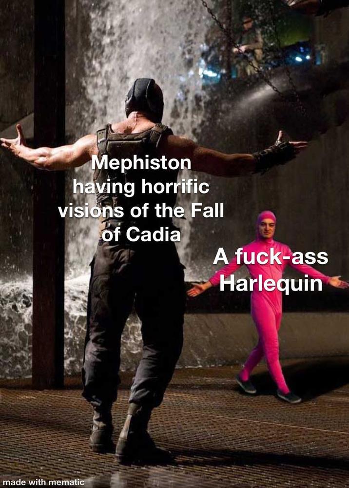 Mephiston having horrific visions of the Fall of Cadia A f----ass made with mematic Harlequin