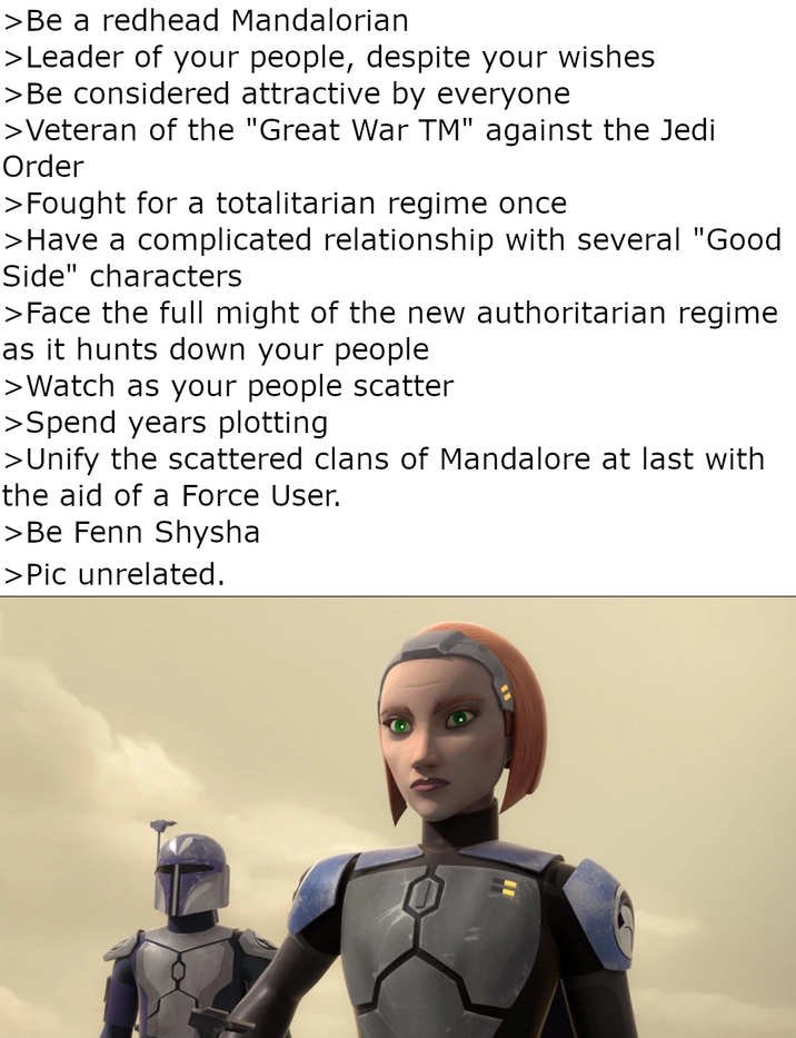 >Be a redhead Mandalorian >Leader of your people, despite your wishes >Be considered attractive by everyone >Veteran of the "Great War TM" against the Jedi Order > Fought for a totalitarian regime once > Have complicated relationship with several "Good Side" characters >Face the full might of the new authoritarian regime as it hunts down your people >Watch as your people scatter >Spend years plotting >Unify the scattered clans of Mandalore at last with the aid of a Force User. >Be Fenn Shysha >Pic unrelated.