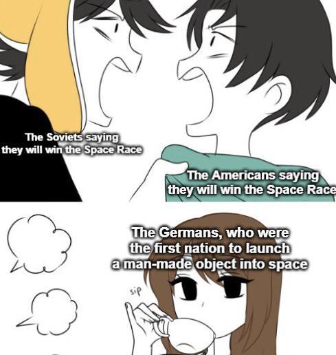 The Soviets saying they will win the Space Race The Americans saying they will win the Space Race The Germans, who were the first nation to launch a man-made object into space sip