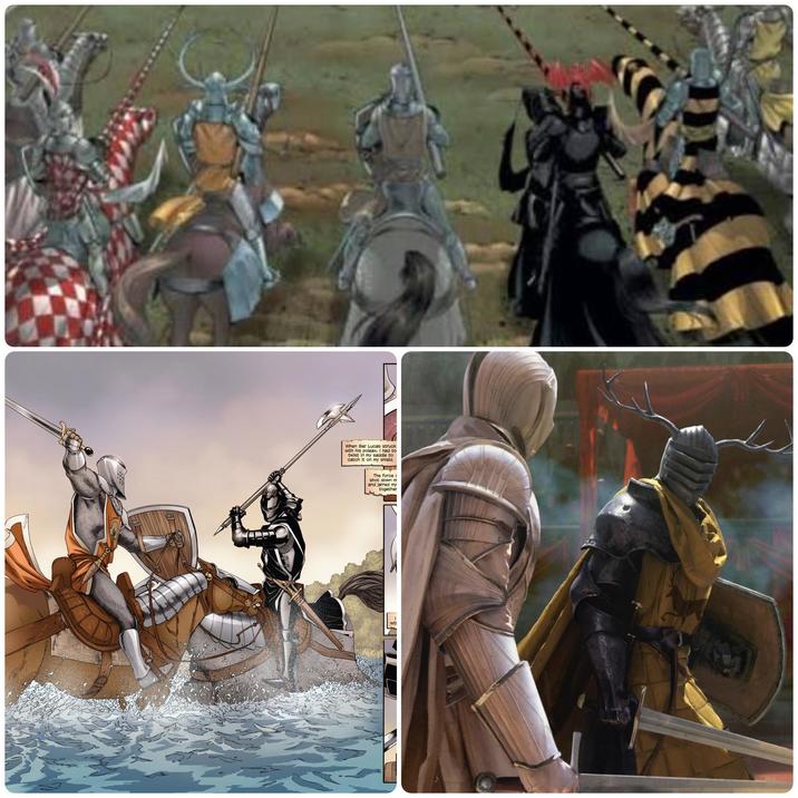 When Ser Lucas struck with his poleax, I had to twist in my saddle to catch it on my shield. The force c shot down m and jarred my together Lithathing