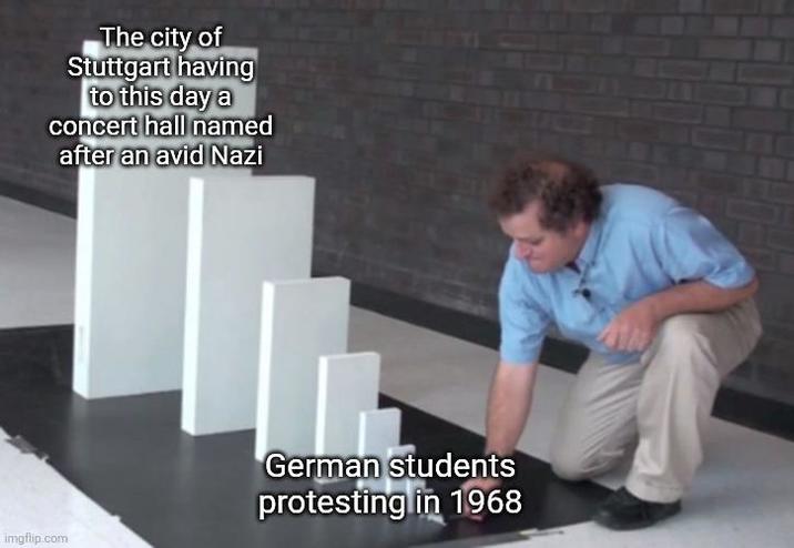 The city of Stuttgart having to this day a concert hall named after an avid Nazi imgflip.com German students protesting in 1968