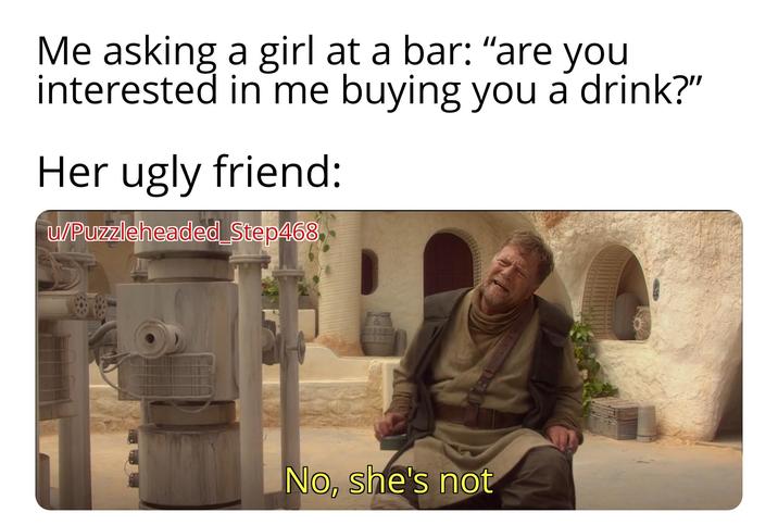 Me asking a girl at a bar: "are you interested in me buying you a drink?" Her ugly friend: u/Puzzleheaded Step468 No, she's not