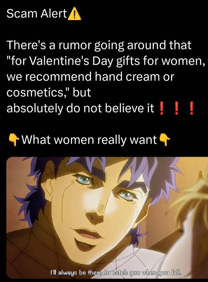 Scam Alert! There's a rumor going around that "for Valentine's Day gifts for women, we recommend hand cream or cosmetics," but absolutely do not believe it! ! ! What women really want I'll always be there to catch you when you fall.