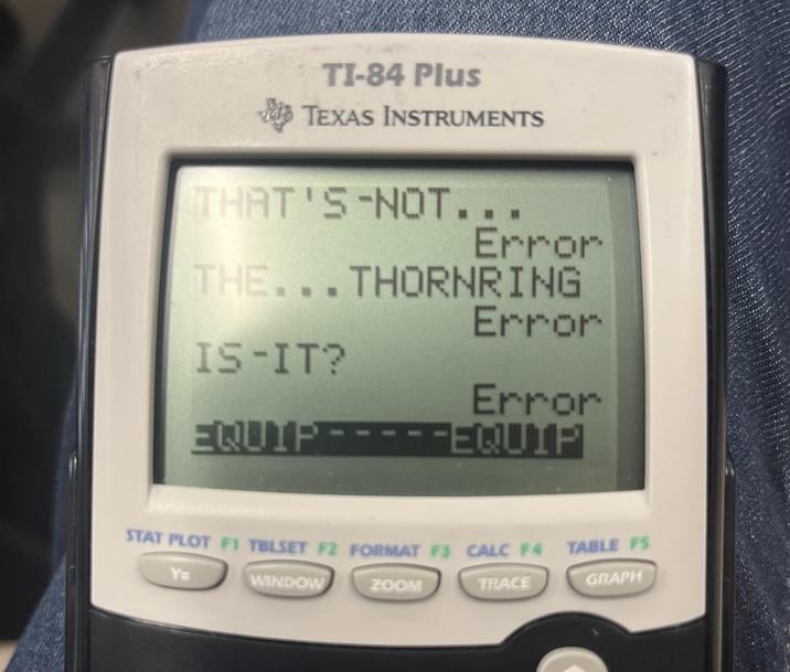 TI-84 Plus TEXAS INSTRUMENTS THAT'S NOT... Error THE...THORNRING Error IS-IT? Error EQUIP -EQUIP STAT PLOT FI TBLSET F2 FORMAT F3 CALC F4 TABLE FS Y= WINDOW ZOOM TRACE GRAPH